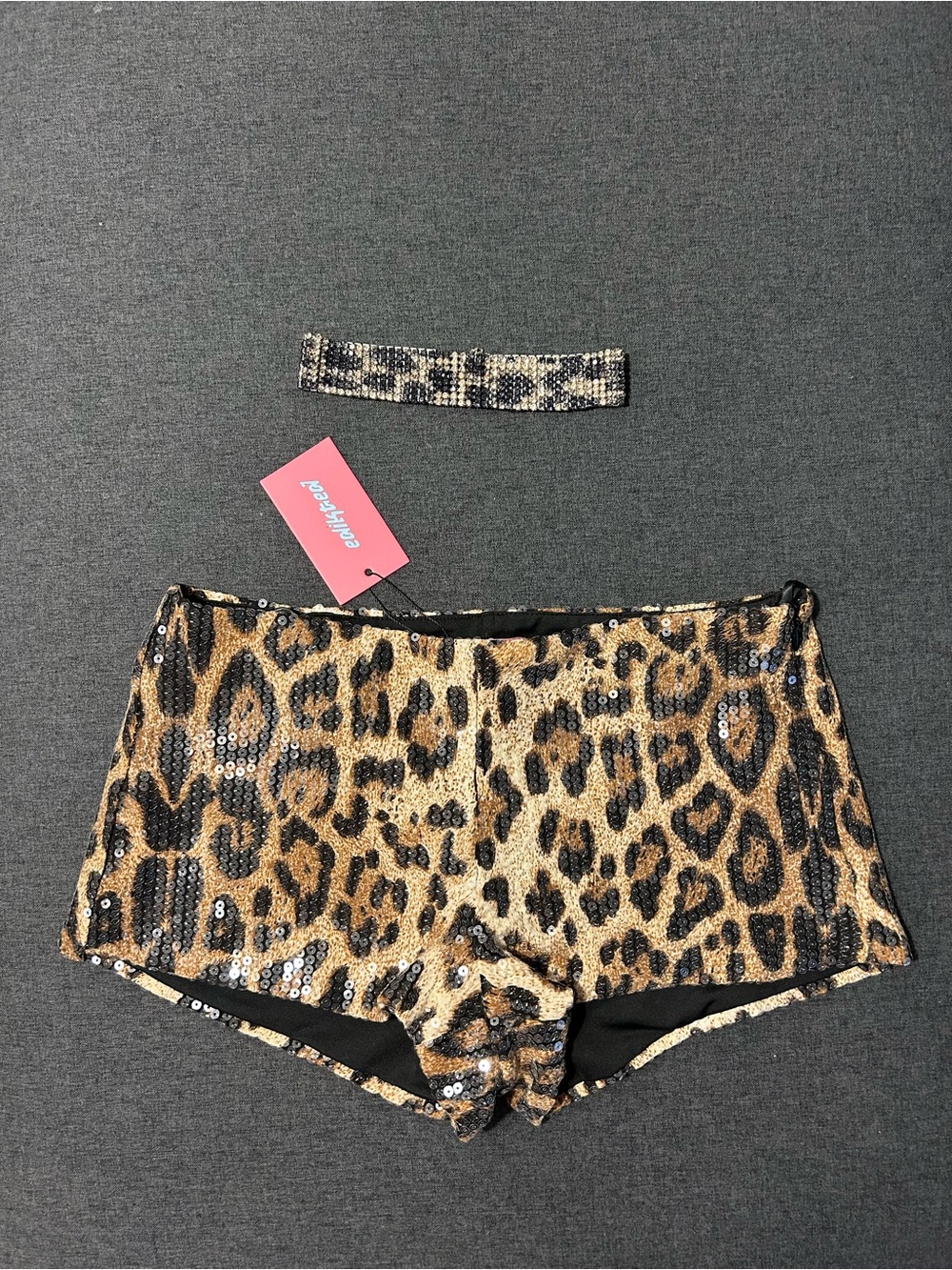 Edikted Gold and Black Leopard Sequin mini shorts with Matching Headband